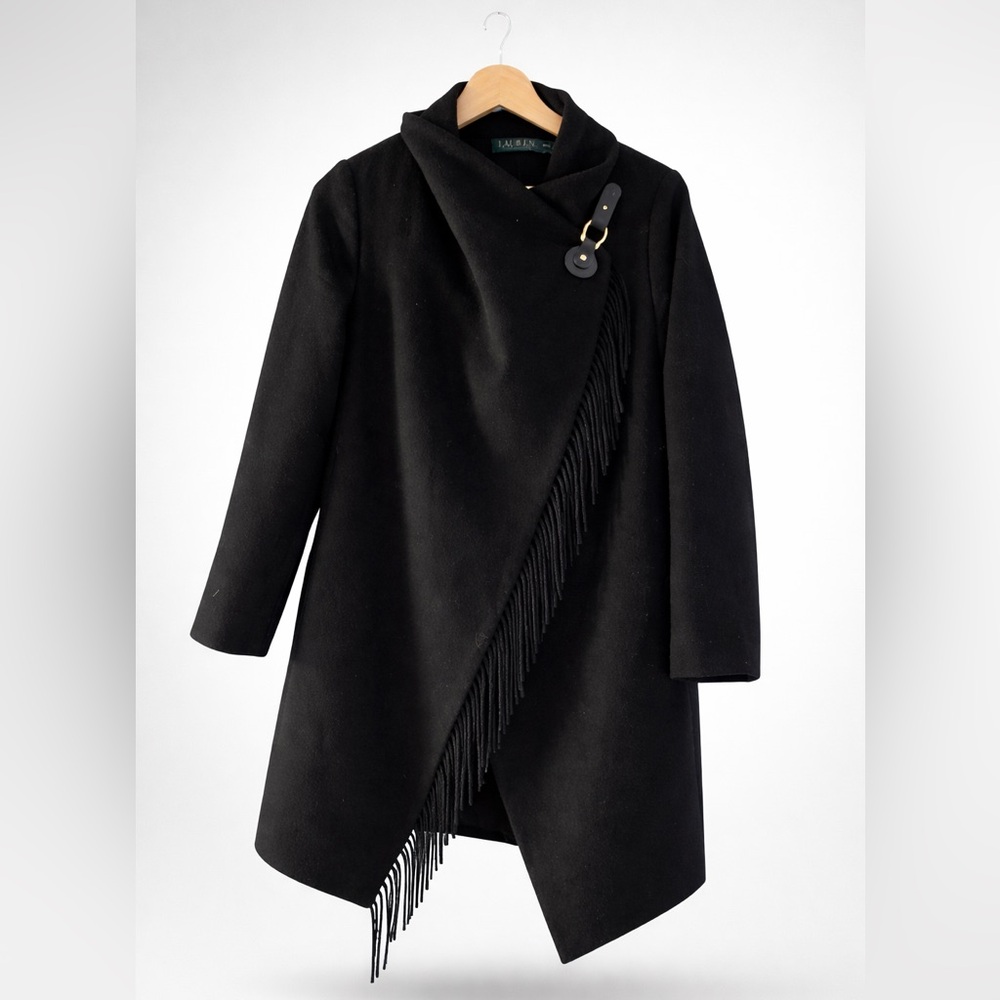 Ralph Lauren Wool Black Coat with Fringe Detail